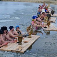 Моржи устроили массовое чаепитие в ледяной воде Моржи устроили массовое чаепитие в ледяной воде